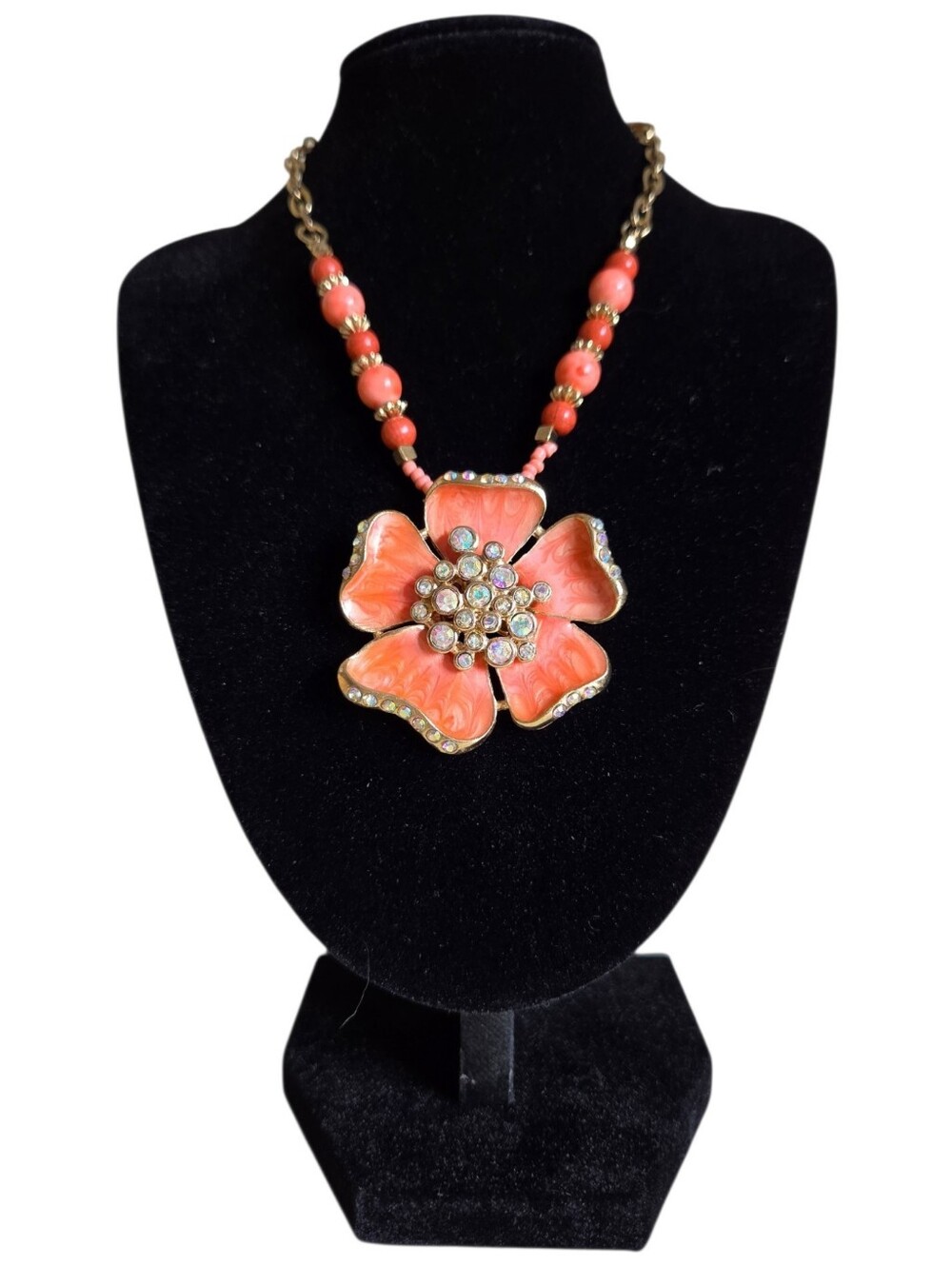 vintage coral peach enamel floral statement pendant necklace rhinestone beads